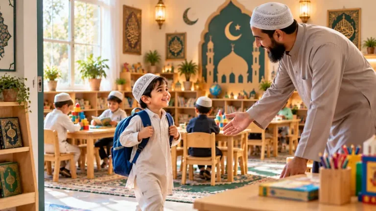 Young Muslim child starting preschool in an Islamic learning environment