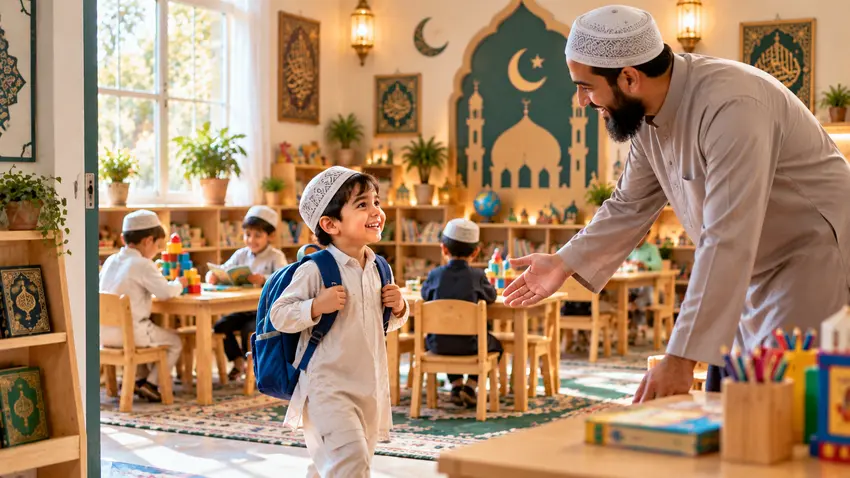 Young Muslim child starting preschool in an Islamic learning environment